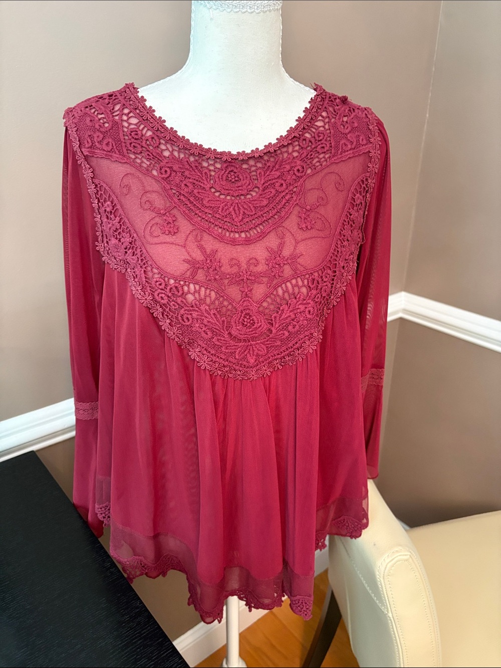 Lace Yoke Long Sleeve Blouse - Raspberry Pink